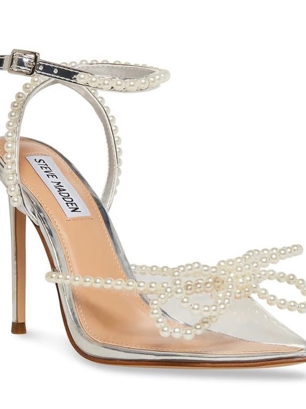 Steve Madden Viable Silver Clear Pointed Toe Stiletto with Pearl Straps